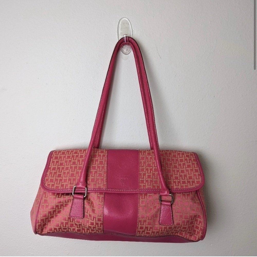 Tommy Hilfiger Pink Monogram Canvas Shoulder Bag Y2K Flap Satchel